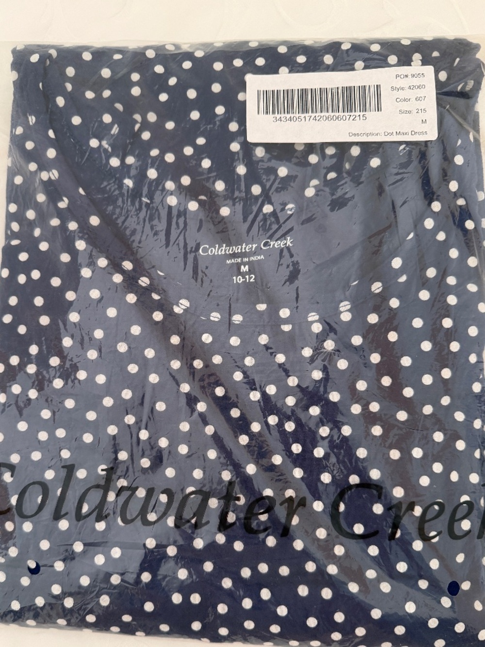 NWT Coldwater Creek Navy Blue Polka Dot Maxi Dress - Sz M 10/12 (Factory Sealed)